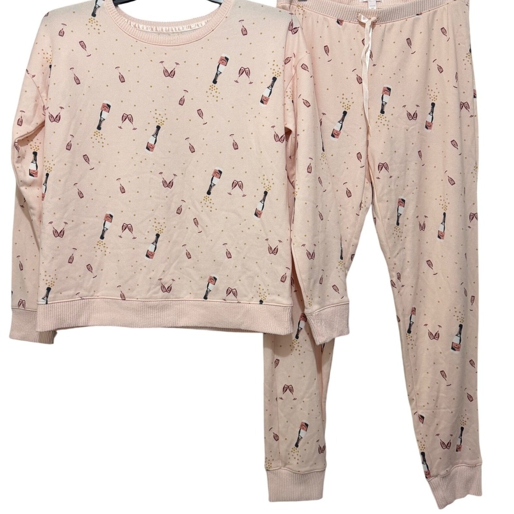 Lauren Conrad Pink Champagne Print Pajama Set Long Sleeve Joggers Womens Medium